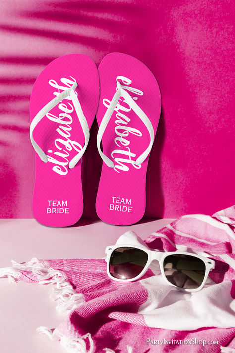 Team Bride Hot Pink and White Personalized Flip Flops Bride Flip Flops, Bridesmaid Flip Flops, Favor Boxes Wedding, Wedding Signs Table, Custom Flip Flops, Bride Personalized, Personalized Flip Flops, Gift Bachelorette Party, White Flip Flops