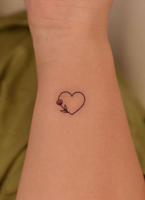 Hearts On Chest Tattoo, Mini Tats Heart, Small Heart And Flower Tattoo, Cute Simple Heart Tattoos, Small Heart Flower Tattoo, Heart With Leaves Tattoo, Tiny Valentines Day Tattoos, Tulip Heart Tattoo, Heart Tatoos Woman Hand