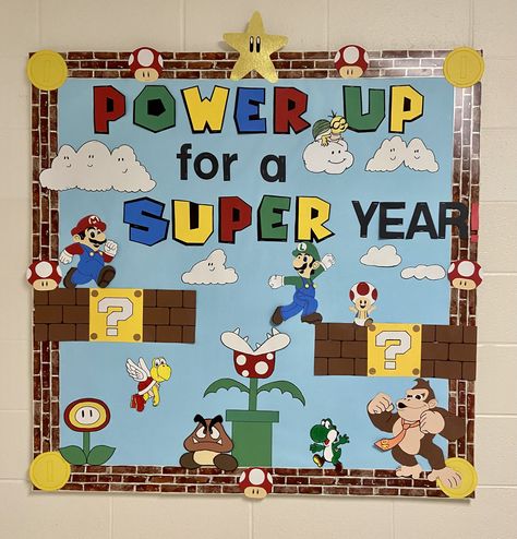 Supervisor Bulletin Board, Wheres Waldo Bulletin Board, Mario Bulletin Board Ideas, Video Game Themed Bulletin Boards, Gaming Classroom Themes, Mario Classroom Door, 3d Bulletin Board Ideas Creative, Game On Bulletin Board Ideas, Super Mario Bulletin Board Ideas