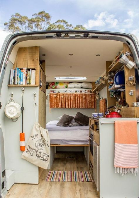 Gorgeous camper van conversion in soothing color palette Car Sleeping, Caravan Vintage, Camper Vintage, Kombi Van, Camping Vintage, Interior Boho, Vintage Camper Remodel, Kombi Home, Van Camper