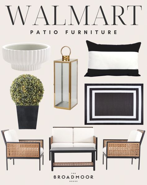 Walmart Patio Furniture, Walmart Patio, Broadmoor House, Black Patio Furniture, Black Outdoor Furniture, Front Porch Furniture, Black And White Furniture, Cloud Wall Art, White Porch