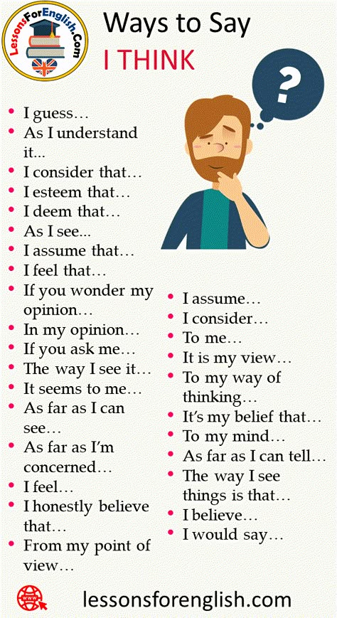 How to Say I Think in Different Ways I guess… As I understand it… I consider that… I esteem that… I deem that… As I see… I assume that… I feel that… If you wonder my opinion… In my opinion… If you ask me… The way I see it… It seems to me… As far as I can see… As far as I’m concerned… I feel… I honestly believe that… From my point of view… I assume… I consider… To me… It is my view… To my way of thinking… It’s my belief that… To my mind… As far as How To Think In English, How To Ask How Are You In Different Ways, Ways To Say I Think, Business Writing Skills, Ielts Writing, English Learning Spoken, Essay Writing Skills, Interesting English Words, Good Vocabulary Words