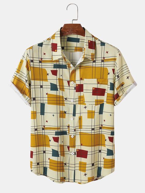 Mens Shirts Online, Geometric Sleeve, Line Print, Fashion Casual Outfits, Men Shirts, Men Fashion Casual, Casual Stripes, Men Fashion Casual Outfits, Mens Hawaiian Shirts