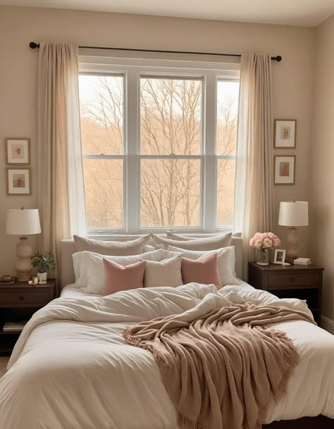 Master With Window Above Bed, Master Bed Window Behind, King Bed Off Center Window, Head Of Bed At Window, Bedroom With Side Windows, Bedroom Window Storage Ideas, Bed By Window Ideas Bedrooms, Bed Between Two Windows Small Room, Bed In Front Of Window Curtains