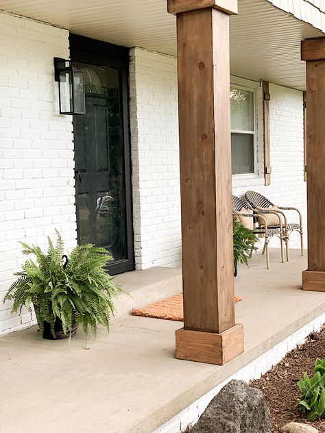 Front Porch Columns, Ranch House Remodel, Painted Brick House, Porch Remodel, Wood Columns, Porch Columns, Brick Ranch, Home Exterior Makeover, Brick Exterior House