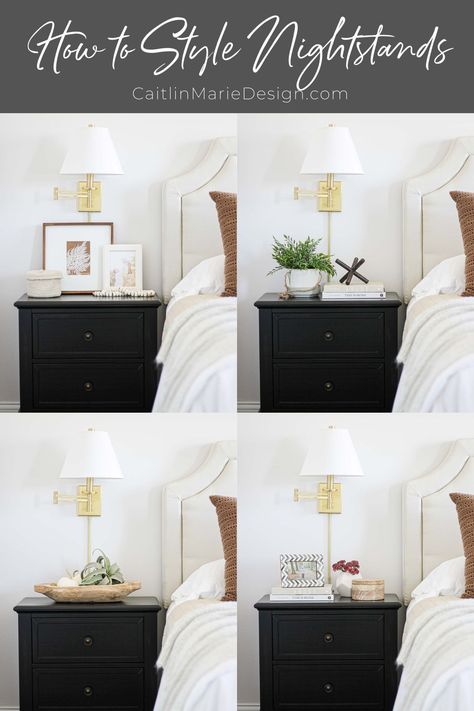 How To Style A Nightstand Modern, Decor Above Nightstand Bedside Tables, Decorate Bedside Table Night Stands, One Side Table Bedroom Design, No Lamp Nightstand Decor, Staging Bedside Table Night Stands, Nightstand On One Side Of Bed, Bedside Table Styling With Sconces, 2 Nightstand Decor