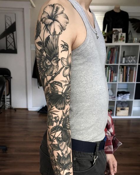 Girly Black Floral Flower Arm Sleeve Tattoo Ideas for Women - Feminine Rose Shoulder www.MyBodiArt.com #flowershouldertattoos Woodland Arm Sleeve, Masc Sleeve Tattoo, Men’s Nature Tattoo, Woodland Sleeve Tattoo, Nature Tattoo Men, Man Sleeve Tattoo, Tattoo Designs Men Sleeve, Woodland Tattoos, Woodland Tattoo Sleeve