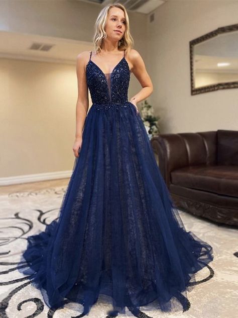 d72fbbccd9fe64c3a14f85d225a046f4desc47054601ri Navy Formal Dress, Navy Prom Dresses, Prom Dresses 2020, V Neck Prom Dresses, Sequin Prom Dress, Lace Formal Dress, Blue Evening Dresses, Dress Tulle, Blue Tulle