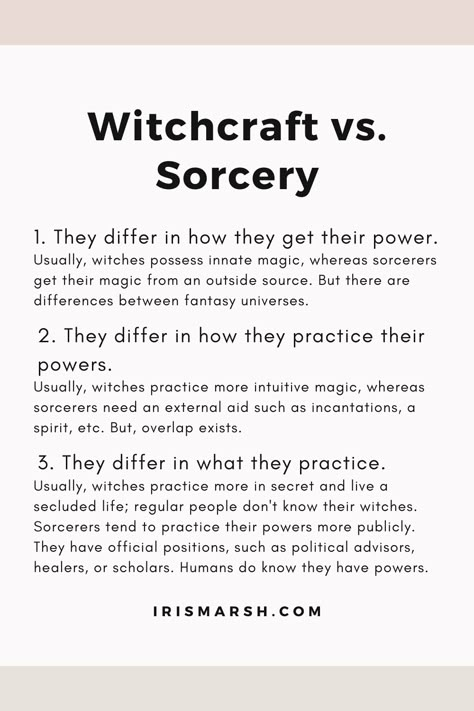 A convenient overview to show the difference between witchcraft and sorcery (and between witches and sorcerers). #writing #writingtips #writingfantasy #magic #witch #sorceror #witchcraft #sorcery #forauthors #forwriters #writing101 Witchcraft Writing Prompts, Witch Writing Ideas, Witch Story Ideas, Writing Witches, Magic Ideas Writing, Backstory Prompts, Witch Writing Prompts, Sorcerer Aesthetic, Lady Hekate