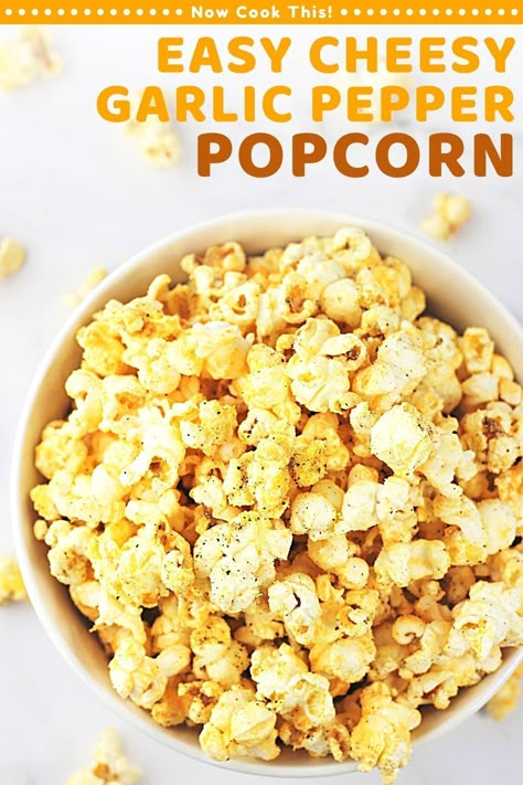 This cheesy garlic pepper popcorn is super easy to make and turns plain popcorn into a snack that's packed with flavor! Just pop up some popcorn and add butter, cheddar cheese powder and seasonings. Grab the recipe and get ready for some serious deliciousness! #cheesypopcorn #popcorn Flavoured Popcorn Recipes, Cheese Popcorn Recipe, Homemade Popcorn Seasoning Recipes, Homemade Popcorn Seasoning, Popcorn Flavours, Cheesy Popcorn, Popcorn Seasoning Recipes, Flavored Popcorn Recipes, Popcorn Seasonings