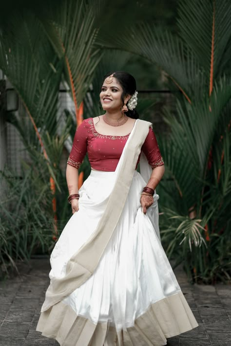 Kerala Dress Designs, Kerala Style Half Saree Designs, Saree With Shoes, Kerala Engagement Dress Hindus, Kerala Engagement Dress Hindus Couple, Davani Half Saree Kerala, Kerala Half Saree Designs, Kerala Style Saree, Half Saree Designs Simple