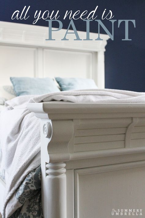 All You Need Is Paint (Painted Furniture in the Master Bedroom) Painted Wood Headboard, Chalk Paint Bed, Painted Bed Frames, Wood Bed Frame Diy, Painted Headboard, Bed Makeover, Painted Beds, Interior Colors, White Headboard