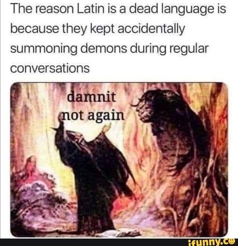 The reason Latin is a dead language is because they kept accidentally summoning demons during regular conversations – popular memes on the site iFunny.co #scifimythical #artcreative #the #reason #latin #language #because #accidentally #summoning #demons #regular #conversations #pic Summoning Demons, Historical Humor, History Jokes, Dc Memes, Izu, Art Memes, E Card, Funny Laugh, Funny Posts