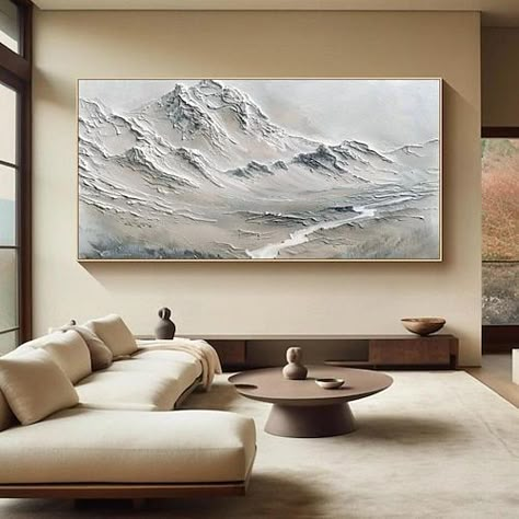 Textured Mountain Art, Basement Artwork, Snowy Mountain Painting, Mountain Canvas Painting, Art Over Couch, Large Horizontal Wall Art, Black And White Oil Painting, Mudroom Kitchen, White Oil Painting