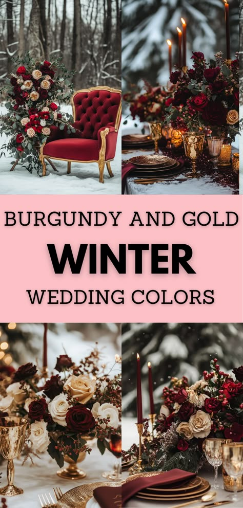 Create a stunning winter wedding color palette with burgundy and gold. Perfect for elegant decor and chic themes, this combination works beautifully for urban or vintage weddings in New York or Los Angeles. Get decor ideas, themes, and planning tips to make your big day magical. Save this inspiration and visit our site for more unique ideas. Wedding Colors For Seasons, Blush Burgundy Gold Wedding, Burgundy Wedding Themes, 2025 Winter Wedding Trends, Crimson And Cream Wedding, White Gold And Burgundy Wedding, Burgundy And Gold Wedding Decorations, Color Palette With Burgundy, Maroon Wedding Decorations