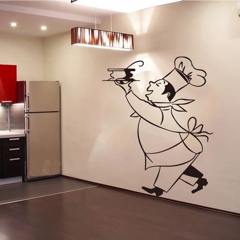 Vinyl Wall Decals Sticker Mural | Wall Sticker Kitchen Chef | Chef Decorations Kitchen - Wall Stickers - Aliexpress Wall Drawing Ideas, Wall Painting Ideas Creative, Gray Bathroom Walls, Mural Cafe, Creative Wall Painting, Cafe Wall Art, Food Wall Art, Diy Wall Painting, Kitchen Wall Stickers