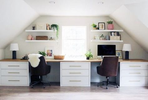 Desk For Two, Jones Design Company, Ikea Desk Hack, Desk Hacks, Attic Office, Double Desk, Long Living Room, Hack Ikea, Interior Industrial