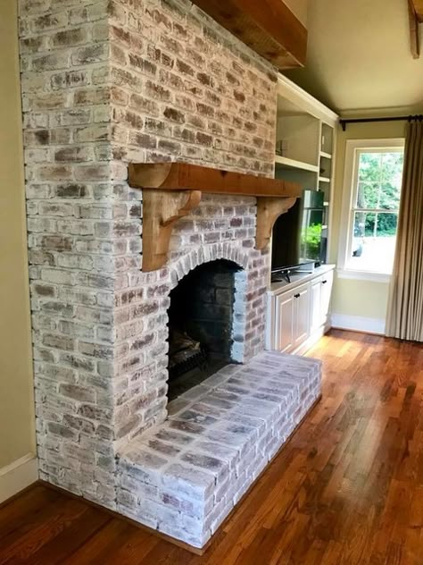 Limewashed Brick Fireplace - Retro - Family Room - Atlanta - by On The Surface | Houzz Corners Living Room, Limewashed Brick, Brick Fireplace Remodel, Lime Wash Brick, German Schmear, House With Land, Fireplace Brick, Painted Brick Fireplaces, Basement Fireplace