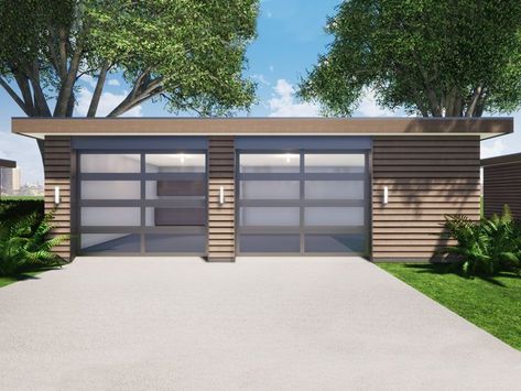 052G-0026: Detached Modern Garage Plan with Storage; 32'x24' Three Car Garage Plans, 3 Car Garage Plans, Concrete Siding, Plan Garage, Home Structure, Pool House Plans, Carport Garage, Three Car Garage, Modern Garage