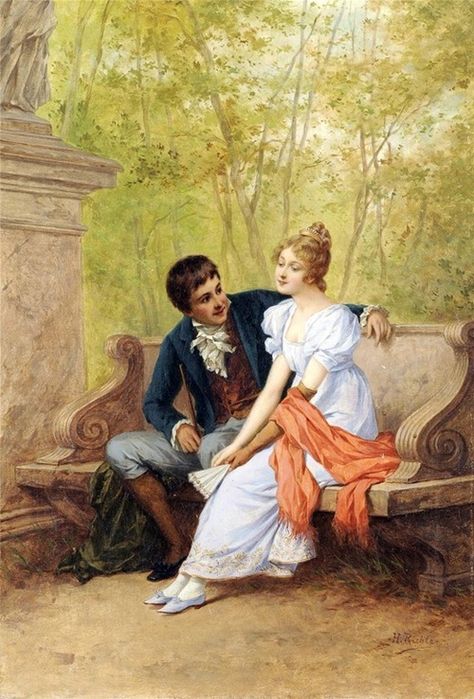 Rajumanna Romantic Period Art, Romantic Artwork, Sitting On A Bench, Romantic Drawing, Victorian Paintings, Romantic Period, Romantic Paintings, Romantic Photos Couples, Couple Painting