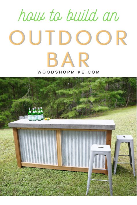 Ever wished you had a great space outside to serve drinks and party food? Watch as Woodshop Mike shows you step by step how to make this outdoor bar, complete with a concrete top! Made with weather resistant materials, this outdoor bar will serve you and your guests for years to come. #outdoorbar #entertaining #outdoorfurniture #DIY #outdoor #outdoorparty #entertainingoutside #concrete #concretecountertop #rusticoutdoorbar #potterybarn #potterybarnoutdoorbar #woodworking #woodprojects #outside Outdoor Bar Backyard, Diy Patio Bar, Cheap Outdoor Kitchen Ideas, Outdoor Bar Plans, Rustic Outdoor Bar, Bar Backyard, Backyard Decor Ideas, Patio Oasis, Diy Garage Work Bench