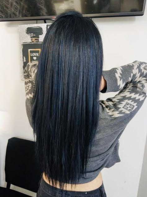 Blue Hair Highlights Straight Hair, Asian Blue Black Hair, Blue Over Black Hair, Dark Blue With Black Hair, Blue Black Hair With Blue Highlights, Black Hair Dyed Blue, Black Hair With Hint Of Blue, Dark Blue Layered Hair, Midnight Blueberry Black Hair