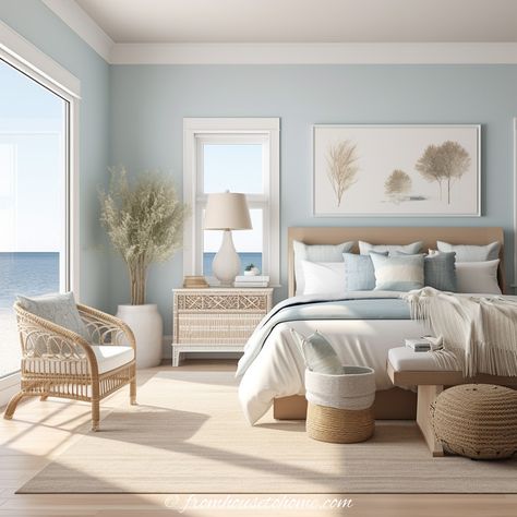 A two-toned bedroom featuring light blue walls and a beige ceiling Futuristic Playground, Beige Ceiling, Light Blue Rooms, Florida Bedroom, Bedrooms Inspiration, Costal Bedroom, Light Blue Bedroom, Blue Bedroom Walls, Bedroom Color Combination