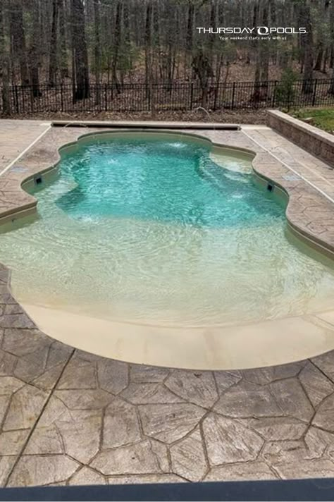 Fiberglass Beach Entry Pool, Small Beach Entry Swimming Pools, Small Pool With Beach Entry, Beach Entry Cocktail Pool, Small Walk In Pool, Home Made Pools Backyard, Smaller Inground Pool Ideas, Beach Like Pool, Beach Entry Pools Backyard