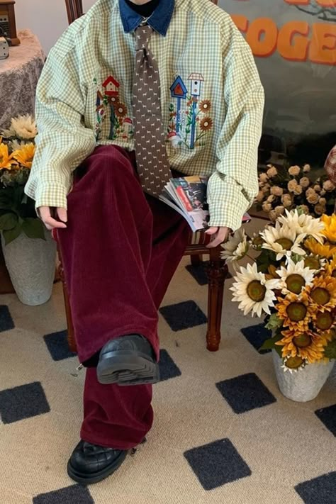 aesthetic embroidered plaid shirt, vintage long sleeve shirt, soft boy aesthetic outfits, boogzel Button Up Plaid Shirt Outfits, Twee Mens Fashion, Name Of Styles Clothes, Cottage Core Guy Outfits, 80's Mens Fashion, Long Sleeve Button Up, Grampa Core Outfits, Whimsical Mens Fashion, Quirky Fashion Men