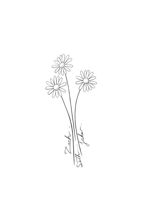 3 Flower Tattoo Simple, Three Flowers Tattoo Simple, Daisy Tattoo One Line, Simple Tattoos For Family, Tiny Flower Tattoo Simple No Stem, Fine Line Daisy Tattoo Ideas, Three Names Tattoo, Three Small Flowers Tattoo, Three Daisies Tattoo