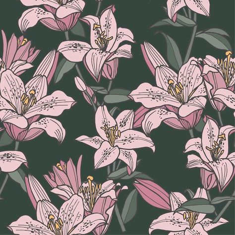 Illustration seamless floral pattern. li... | Premium Vector #Freepik #vector #vintage-rose #lily-flower #lily #vintage-flowers Lilly Illustration Flowers, Drawing Ideas Inspiration, Modern Florals, Cosmetics Packaging, Bible Doodling, Capstone Project, Lily Pattern, Seamless Floral Pattern, Flowers Background