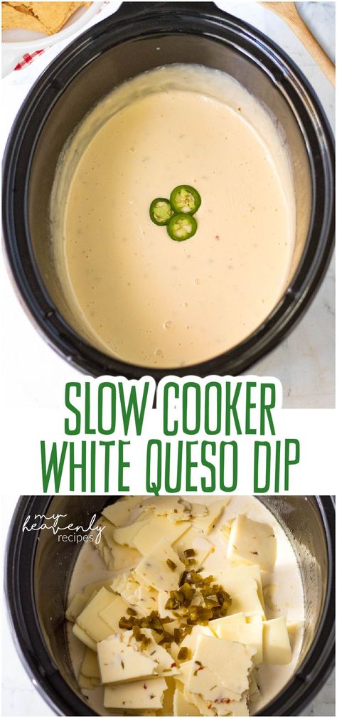 crockpot white queso dip Crockpot White Queso Dip, American Cheese Dip, Restaurant White Queso, Mexican Queso Recipe, Crockpot White Queso, Restaurant Style White Queso Dip, Homemade White Queso Dip, Crockpot Queso Recipe, Homemade White Queso