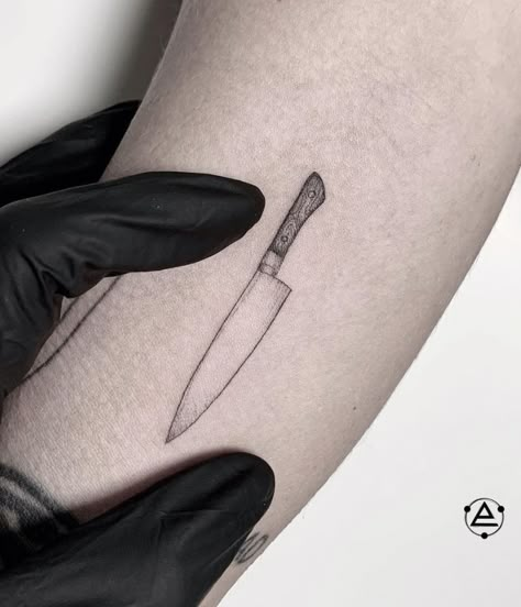 Tiny Knife Tattoo Knife Fine Line Tattoo, Minimal Knife Tattoo, Knife Tattoo On Finger, Chef Knife Finger Tattoo, Small Knife Tattoos For Women, Mini Knife Tattoo, Knife Behind Ear Tattoo, Minimalist Knife Tattoo, Knives Out Tattoo