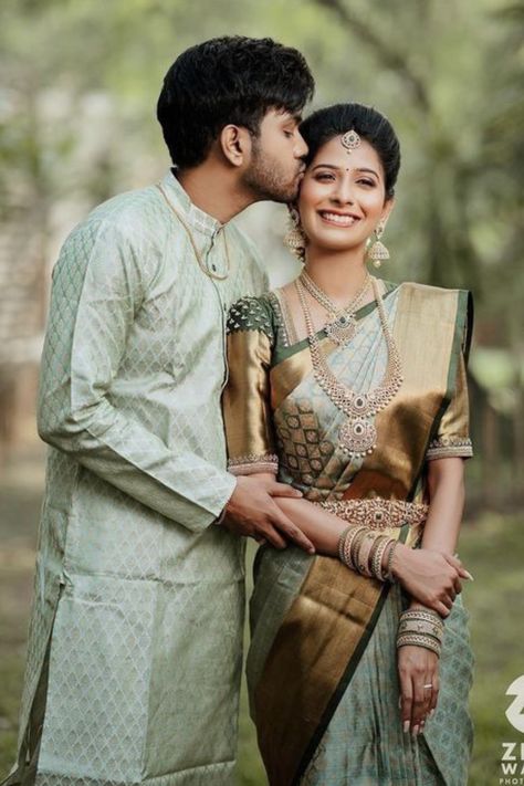 Here are Some BEST Couple Photography Ideas & Poses for South Indian Couples that you MUST need to capture for your wedding functions. #weddingbazaar#indianwedding #coupleweddingphotography #coupleweddingphotographyindian #coupleweddingphotographyposes #coupleweddingphotographyforeheadkisspicture #coupleweddingphotographyromantic #coupleweddingphotographyphotoposes #southindianweddingphotography #southindiancouplephotoshoot #southindiancouplephotoshoottraditional #southindiancouplephotoshootpose Couples Wedding Dress Indian, Engagement Outfit South Indian, Engagement Dress For Men South Indian, Couple Matching Outfits Indian Wedding Saree, Couple Dress Matching Indian Wedding Saree, Bride And Groom Engagement Outfit, Bride And Groom South Indian Wedding Outfit, Engagement Outfits Indian Couple Saree, Green Saree For Engagement