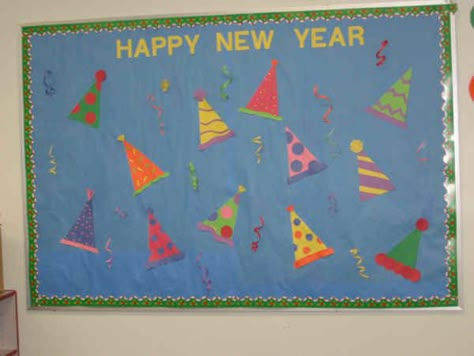 new years bulletin board ideas | this is a bulletin board i did for new year s it was New Years Bulletin Board, January Bulletin Board Ideas, Religious Bulletin Boards, New Year Bulletin Board, Preschool Bulletin Board, December Preschool, Preschool Birthday, Cubby Tags, Kids Bulletin Boards