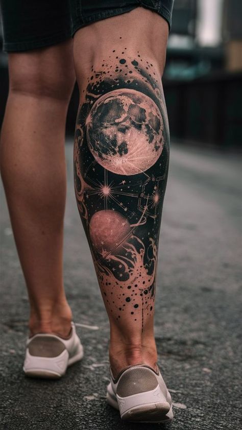 Galaxy Moon Tattoo, Astronomy Sleeve Tattoo, Realistic Moon Tattoo Designs, Constellation Moon Tattoo, Galaxy Leg Tattoo, Galaxy Tatoos Ideas, Mens Space Tattoos, Andromeda Galaxy Tattoo, Dark Space Tattoo