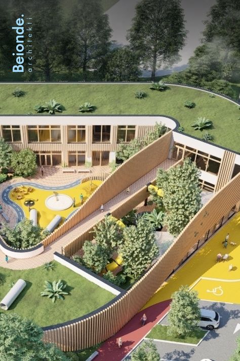 Pin focuses on kindergarten building architecture. Image shows a modern kindergarten with green roof. Eco Design Interior, Kindergarten Building, Classroom Architecture, Elementary School Architecture, Modern Exterior Design, Sustainable Building Design, Sustainable Schools, Building Design Plan, School Building Design