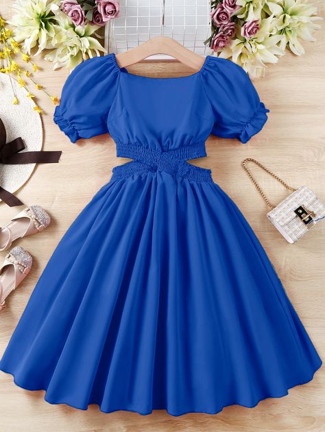 Royal Blue Casual Collar Short Sleeve Woven Fabric Plain A Line Embellished Non-Stretch  Teen Girls Clothing Royal Blue Baby Girl Dress, 8th Grade Grad Dresses, Confirmation Dresses For Teens, Cute Blue Outfits, Royal Blue Dress Outfit, Teenager Dress, Sleeveless Dress Outfit, Farewell Dresses, White Dress Outfit