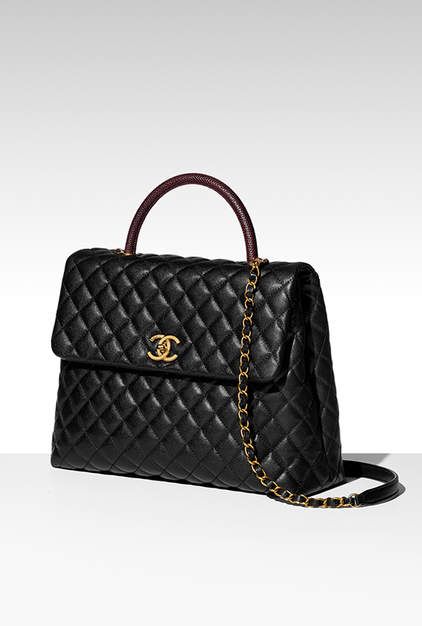 Flap bag with top handle, calfskin, lizard & gold-tone metal-black & burgundy - CHANEL Purse Boutique, Authentic Designer Handbags, Trendy Handbags, Bowling Bags, Purses Designer, Chanel Black, Mode Vintage, Fendi Bags, Chanel Handbags