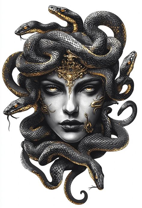 African American Medusa Tattoo, Medusa Artwork Greek Mythology, Medusa Tattoo Ideas For Women, Medusa Eyes Tattoo, Greek Mythology Art Drawing, Medusa Back Tattoo, Feminine Medusa Tattoo, Athena Medusa, Medusa Illustration