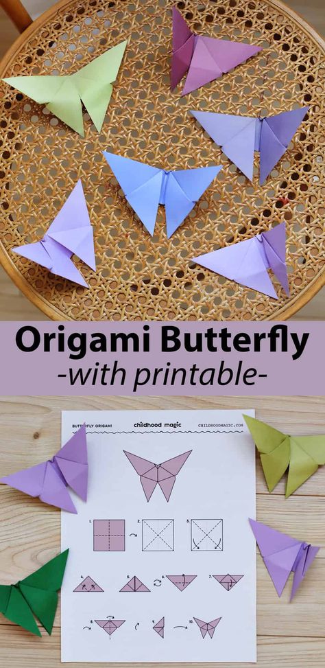 Easy Origami Butterfly - Childhood Magic Free Origami Printables, Origami Butterfly Instructions, Origami Butterfly Easy, Easy Origami For Kids, Butterflies Activities, Beautiful Origami, Kids Origami, Book Displays, Fun Projects For Kids