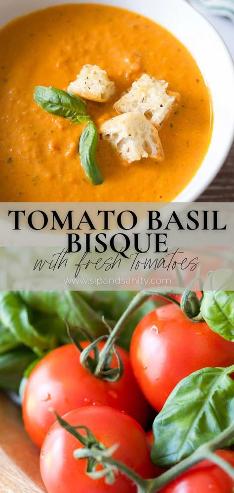 Recipe With Fresh Tomatoes, Tomato And Basil Soup, Tomato Bisque Recipe, Tomato Basil Bisque, Tomato Bisque Soup, Bisque Soup Recipes, Tomato Harvest, Fresh Tomato Soup, Tomato Basil Soup Recipe