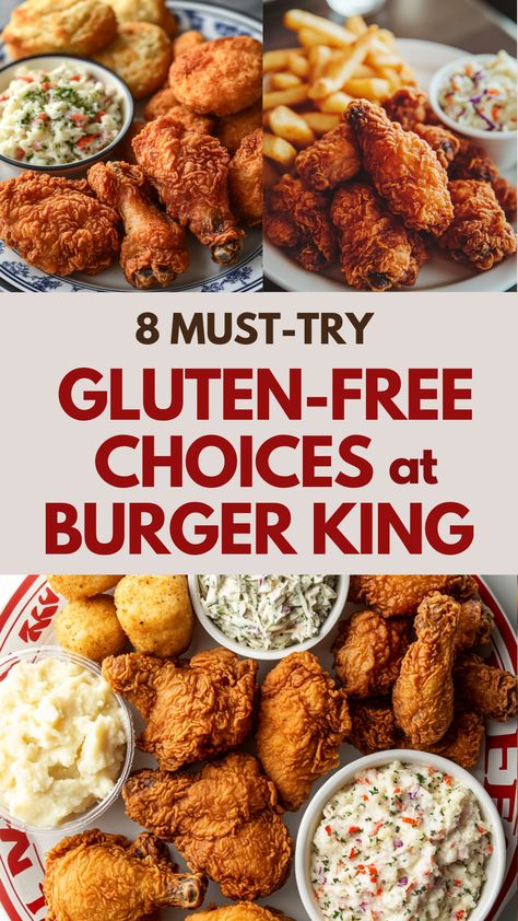 Burger King's gluten-free meal options including bunless burgers, sides, and beverages for a delicious, allergen-friendly fast food experience. Gluten Free Fast Food, Gluten Free Burger, Gluten Free Items, Gluten Free Guide, Gluten Free Menu, The Bun, Chin Length, Menu Items, Yummy Sides