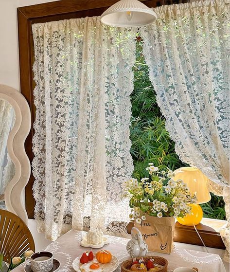 Amazon.com: JESSANS 2pcs French Curtains Lace Gauze for Living Room Cream Retro Wavy Edge Bedroom Bay Window Girl Embroidery Curtain Door White Tulle Rod Pocket (W51XH78.7IN) : Home & Kitchen Lace Curtains Bedroom, French Lace Curtains, Living Room Cream, White Lace Curtains, Bedroom Bay Window, Vintage Lace Curtains, Curtain Door, Fall Room Decor, Lace Window