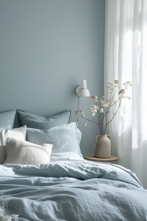 Soft Blue Bedroom Decor, Ice Blue Room Ideas, Pale Blue Decor, Bedroom Duck Egg Blue, Soft Blue Bedroom Aesthetic, Blue Calming Bedroom, Blue Scandinavian Bedroom, Scandinavian Interior Pastel, Scandinavian Interior Blue