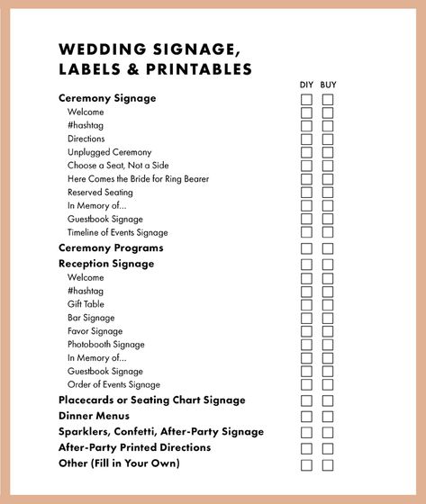 List Of Wedding Signage, List Of Signs Needed For Wedding, Wedding Signage List, Wedding Signage Checklist, Diy Wedding Tips, Wedding Decor Checklist, Wedding Planning Checklist Budget, Guest Book Signage, Bridal Journal