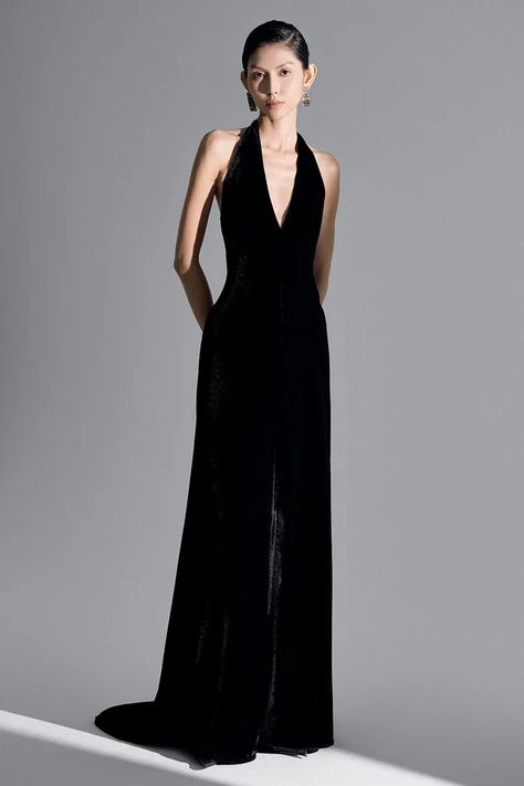 MEAN BLVD | Premium Fashion Platform of Top Vietnamese Designers Halter Neck Evening Gown, Velvet Floor Length Dress, Velvet Dress Long, Traditional Indian Dress, Mean Blvd, Sequin Dresses, Floor Length Dress, Black Tie Dress, Royal Outfits