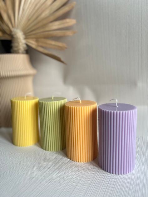 Colorful Pillar Candles, Ribbed Candles, Bougie Aesthetic, Candles Packaging, Candle Products, Pastel Candle, Handmade Candles Diy, Candle Wedding Gift, Homemade Scented Candles