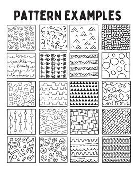 Pattern Examples Handouts by Art is Basic | TPT Repetion Art Design, Pattern Examples Art, Cool Art Patterns, Patterns For Coloring, Types Of Patterns Design, Coloring Patterns Ideas, Different Patterns To Draw, Random Designs Pattern, Squiggle Drawing