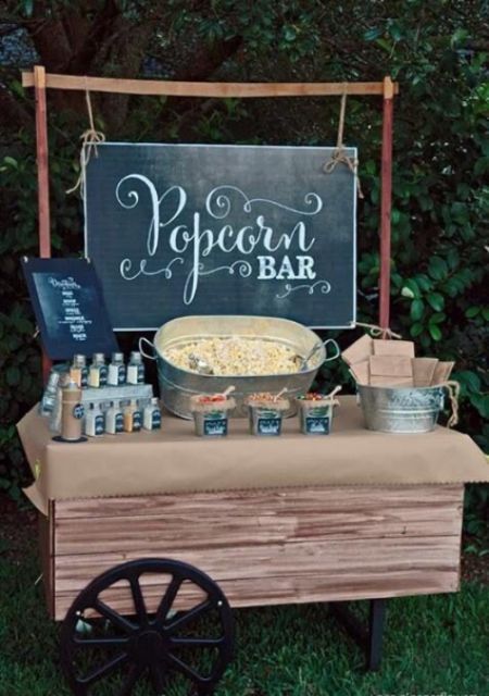 26 Wedding Reception Popcorn Station Ideas. A rustic market cart used as a popcorn bar table-top. Galvanized wash tubs make excellent popcorn containers. Wedding Food Stations, Rustic Wedding Decorations, Popcorn Bar, Food Stations, Chalkboard Sign, Wedding Cake Designs, Outdoor Bar, Grad Parties, Wedding Food